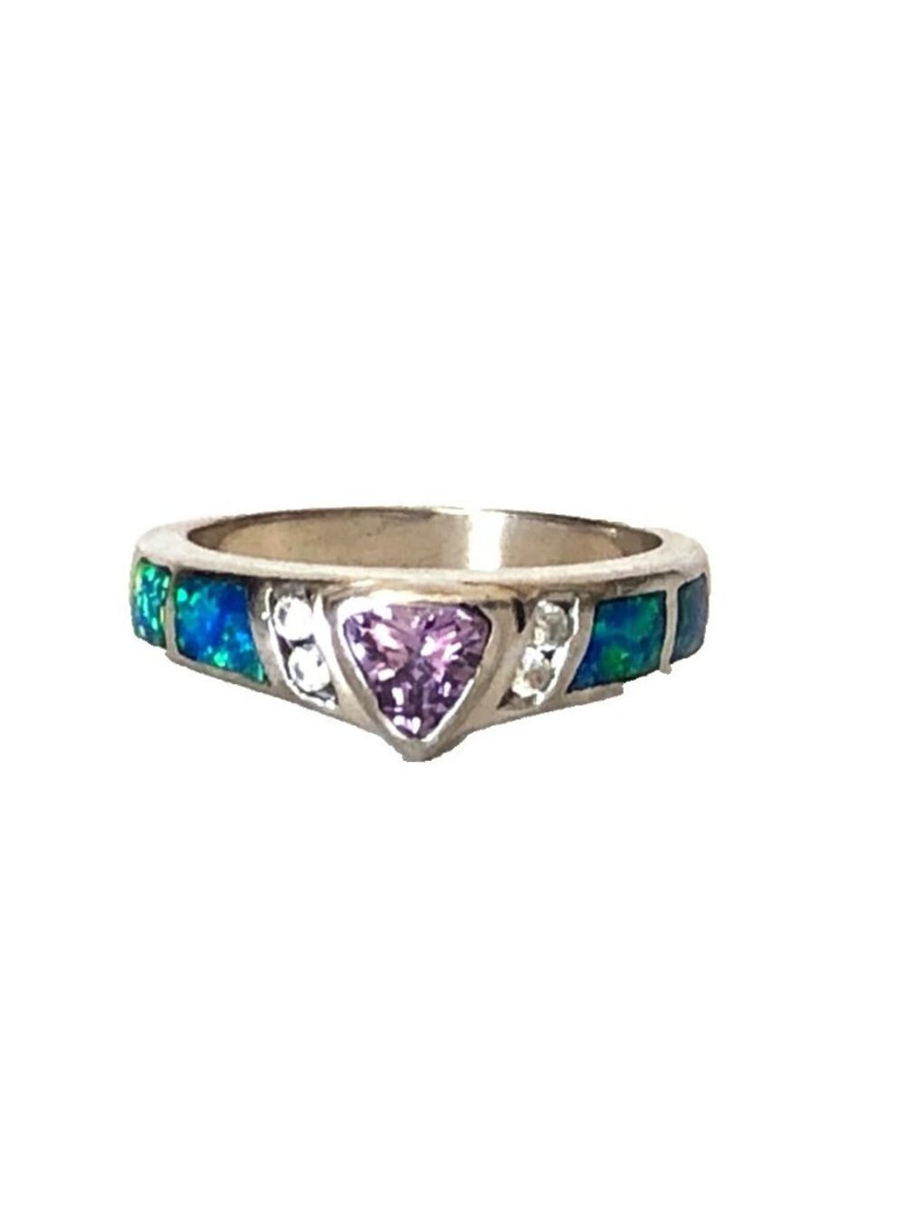 Opal Trillion Cut Amethyst White Spinel Sterling Silver VTG Ring Band Sz 8.25